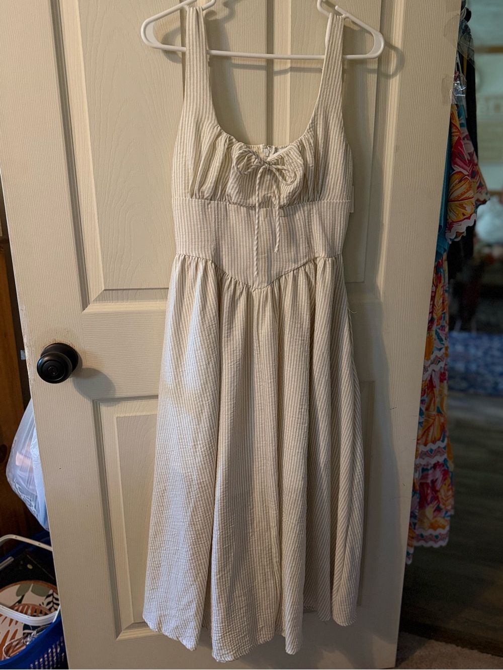 NEW:The Workshop Tan/White Sleeveless Midi Dress with Front Tie